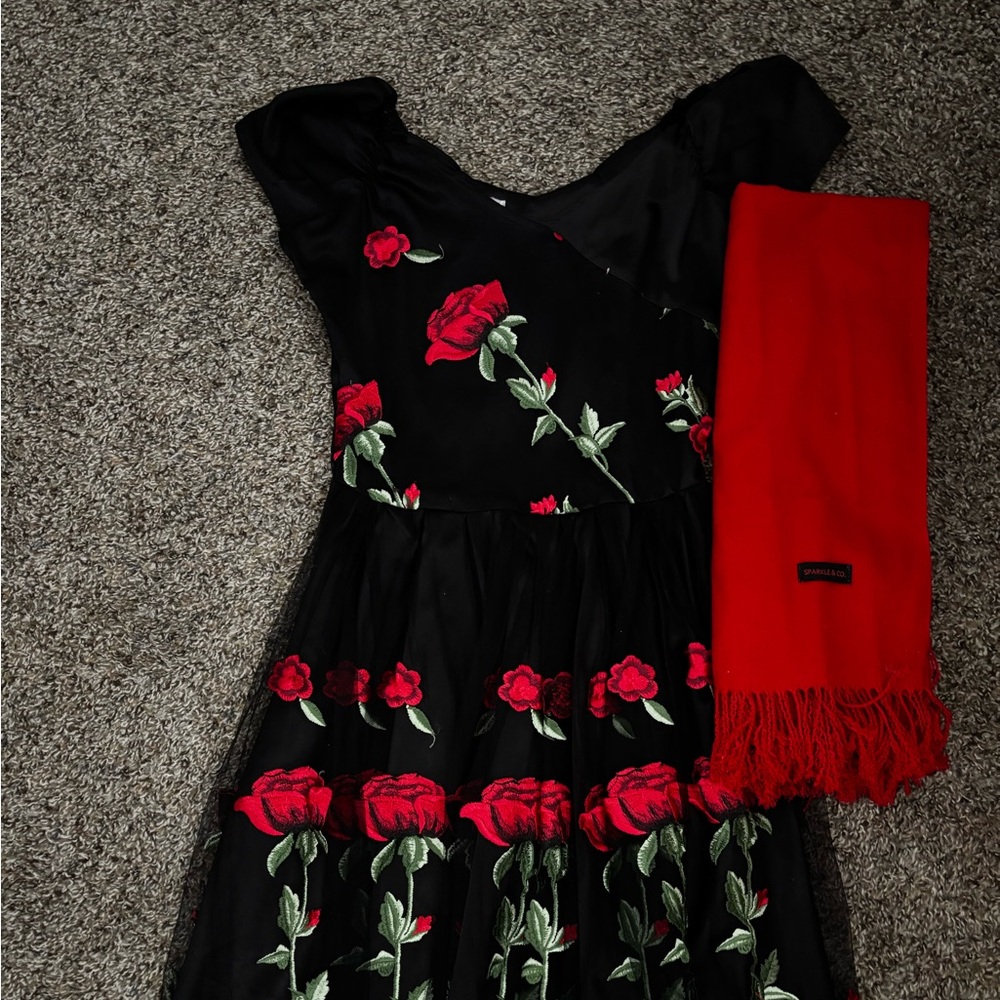 Black dress with red roses